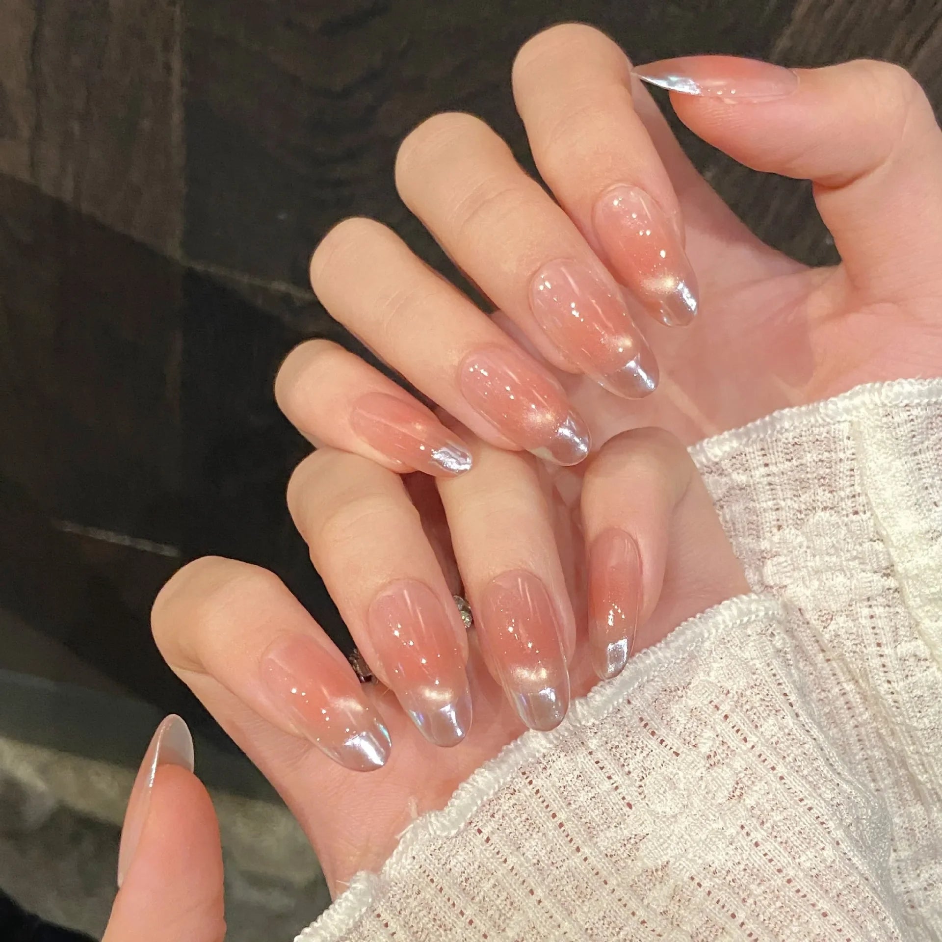 10pcs Simple Handmade Fake Nail Tip Gradient Pink Design False Nail Art Reusable French Cat's Eye Mid-length Oval Press on Nails