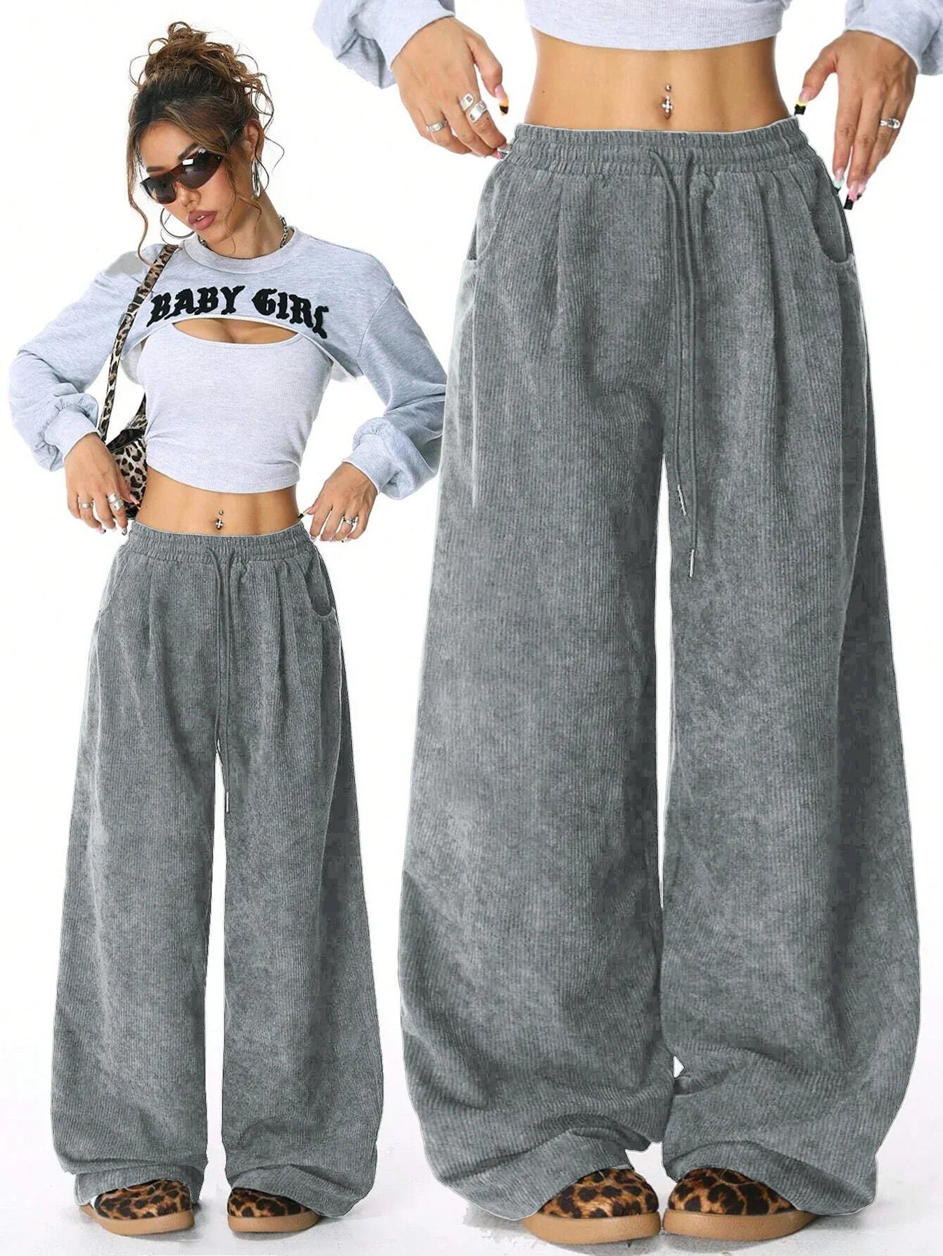 Retro Corduroy Cargo Pants Casual Drawstring Straight Sports Pants Drape Daily Commuting Wide Leg Pants