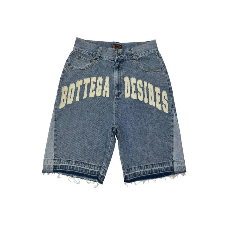 Y2k Vintage Harajuku Denim Shorts Washed Letter Embroidery Tassels American Retro Jeans Man Baggy Hip Hop Jorts