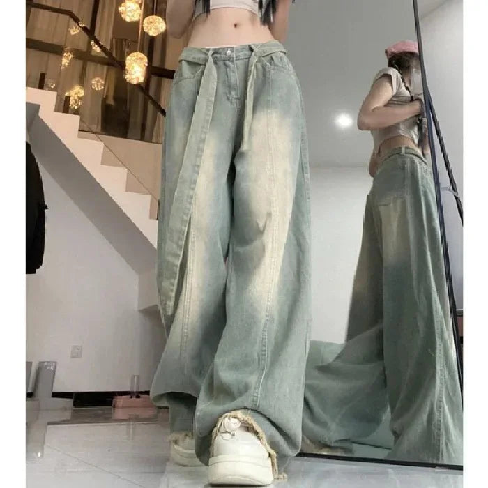Retro American Denim Jeans High Waist Wide Leg Pants Vintage Washed Design Slimming Effect Style