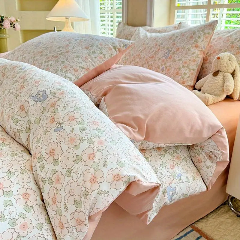 Floral Duvet Cover Set with Flat Sheet Pillowcase No Filler Girls Twin Full Queen Size Korean Soft Bedding Set