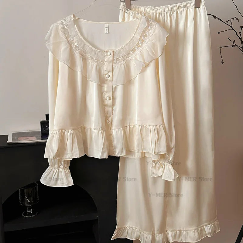 Japanese Sleepwear Pajamas Long Sleeve Pajamas Set Ladies Satin Cute Home Clothes Two Piece Set