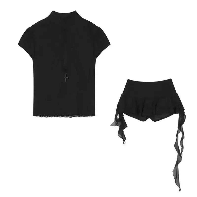 Y2k American Girls Two-Piece Suit Hollow Lace Mesh Shirt Irregular Mini Shirt Retro Causal Skirt Suits