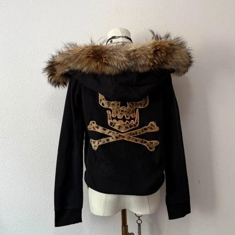 Skull Embroidery Super Leopard Hooded Sweater Y2K Gothic Hip Hop Casual Joker Sweatshirt