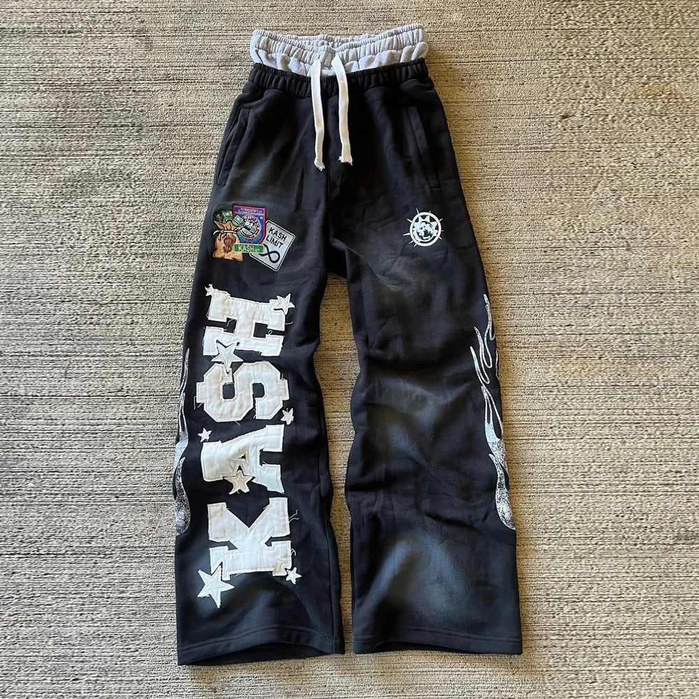 American Sweatpants Y2K Pants Gothic Hip Hop Letter Patch Retro Double Layer Design Baggy Elastic Waist Jogging Casual Pants