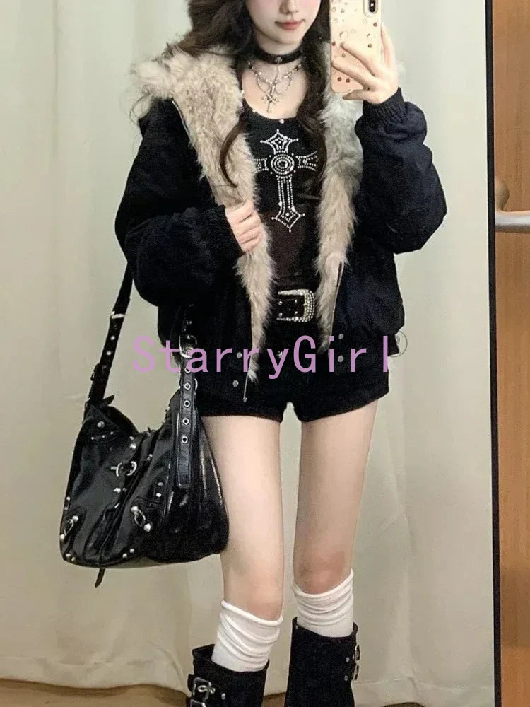 Elegant Liner Fur Loose Coat Y2k Fur Collar Hood Thick Parkas Casual Outerwear Cotton Padded Jackets