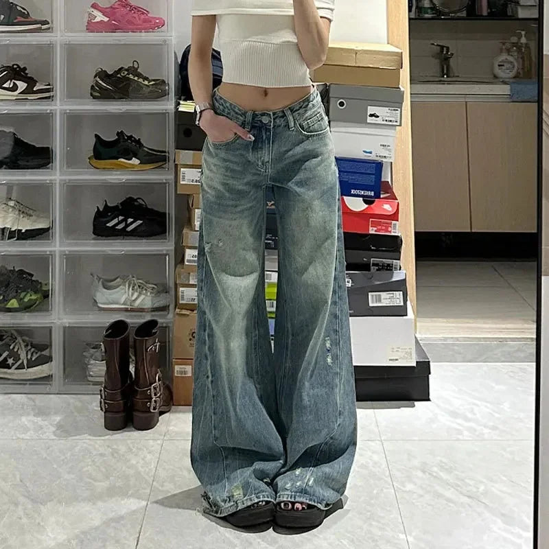 Plus Size Loose Straight Leg Jeans High Waist Wide Leg Long Trousers Bootcut Denim Pants Big Size Casual