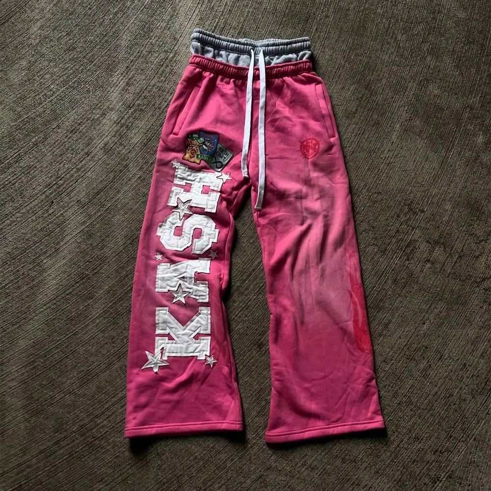 American Sweatpants Y2K Pants Gothic Hip Hop Letter Patch Retro Double Layer Design Baggy Elastic Waist Jogging Casual Pants