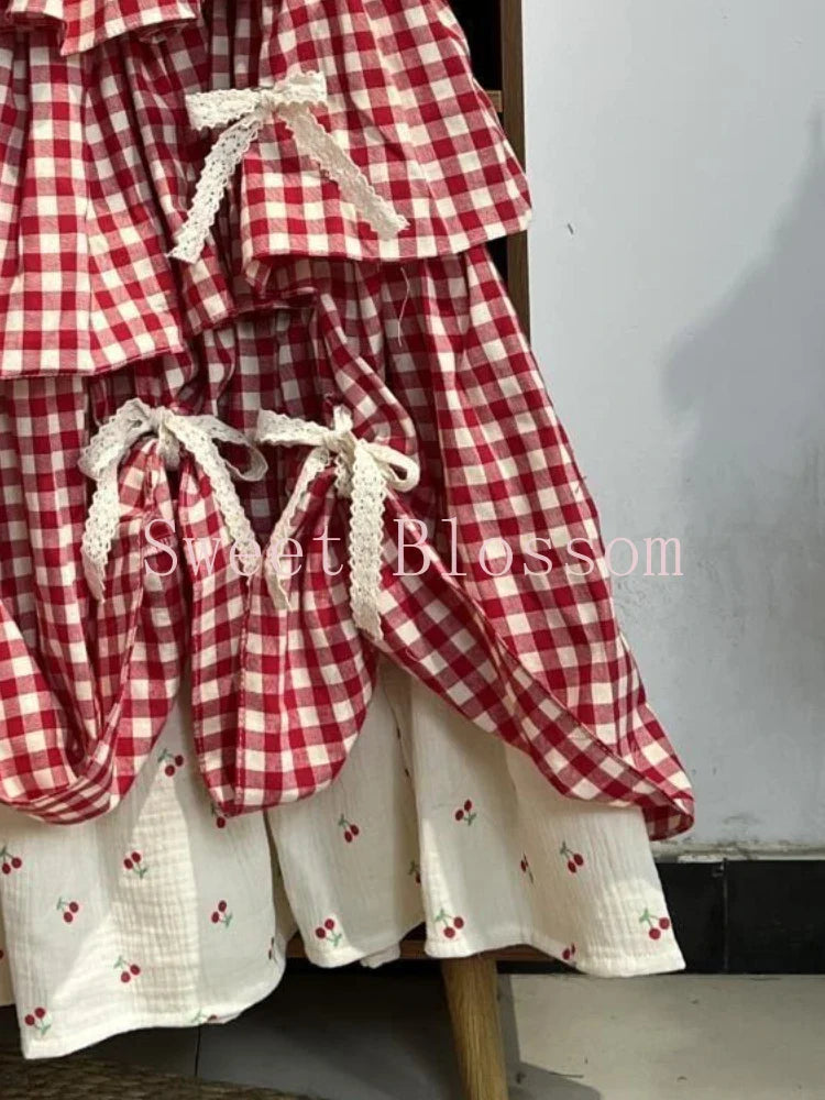 Korean Sweet Fit Chic Plaid Patchwork Skirt Vintage Bow Print Fluffy Skirts Harajuku Y2k Lovely Clothes Spring