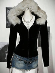 Y2K Harajuku Gothic Hoodie Slim Chic Suede Fur Collar Letter Print Cardigan Sweatshirt Streetwear