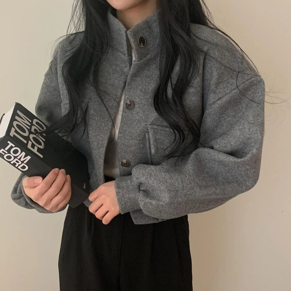 Loose Woolen Coat Large Size with Pockets Small Stand Collar Long Sleeve Button Hong Style Clothing