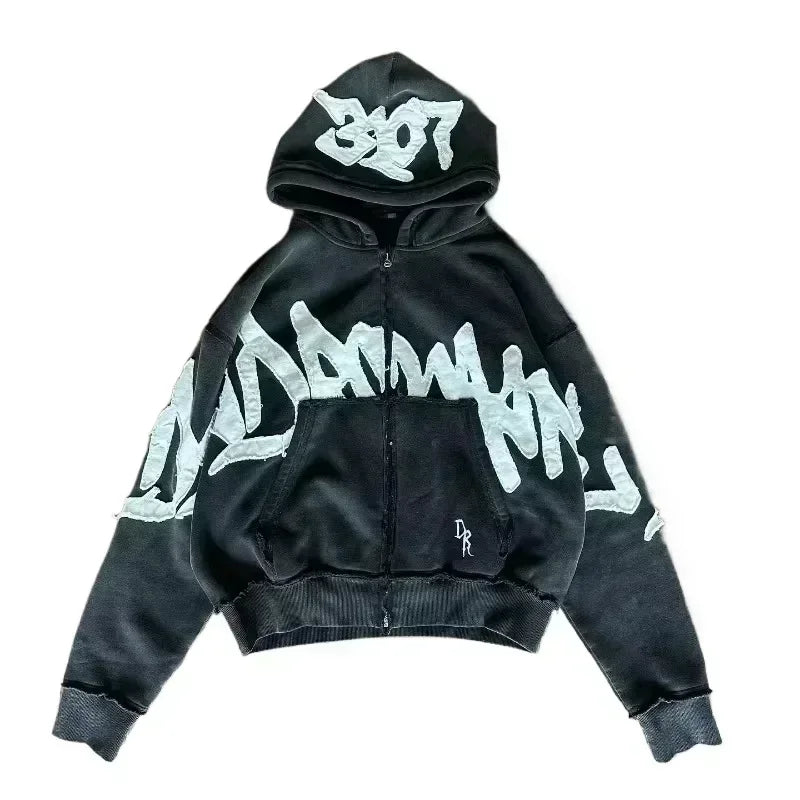 Korean Simple Gray Double Sided Oversized Zipper Hoodie Y2K Harajuku Gothic Casual Joker Couple Sweatshirt