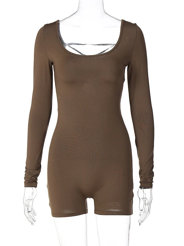 Hugcitar Long Sleeves Backless Solid Lace Up Slim Skinny Playsuit Fall Y2K Streetwear Party Club Rompe