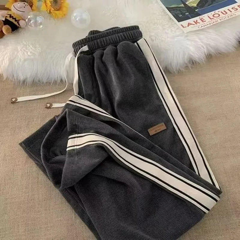 Corduroy Casual Sweatpants Straight Thick Wide Leg Pants Streetwear Outdoor Sports Work Joggers Trousers Male