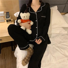 Korean Style Cute Pajama Sleepwear Lady Long Sleeve Tops Pants 2Piece Pyjamas Solid Lingeries Sets Nightwear
