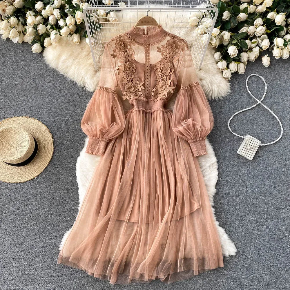 Ladies Dress Three-dimensional Flower Hook Mesh Temperament Stand Collar Lantern Sleeve High Waist Slim Dresses