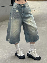 Retro Vintage Loose Wide Leg Jeans Star Print Y2K Harajuku Denim Shorts Casual Streetwear High Waist Washed Pants