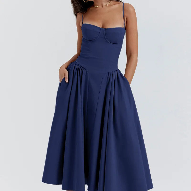 Elegant Sleeveless Backless Pleated Dresses Lady Solid Sling Midi Dress Party Evening A-line Robes
