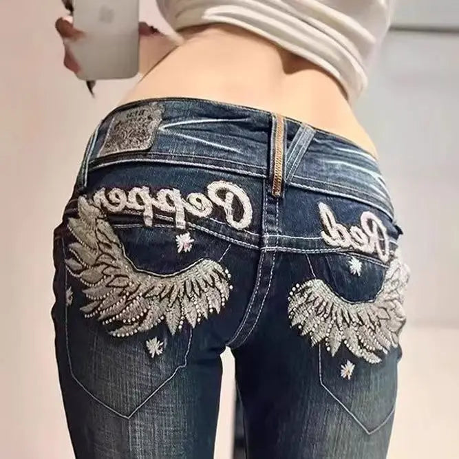 Y2K American Embroidery Diamond Retro Punk Low Waist Casual Jeans Blue Jeans Wings Pattern High Street Slim Leg Pants