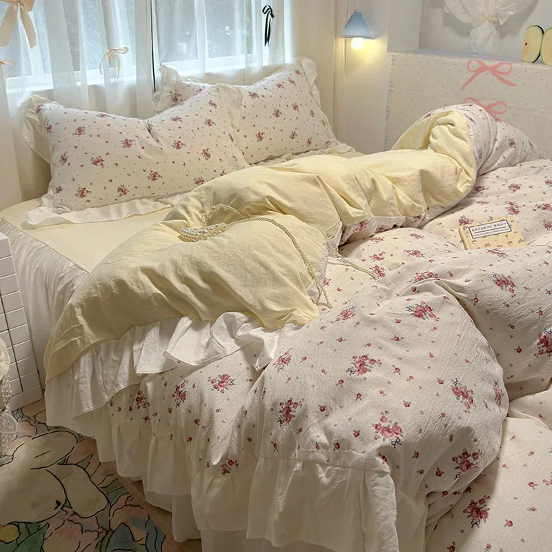 1.5/1.8 Korean Style 100% Cotton Fitted Sheet Sets with Lace Flower Print Bedding Set