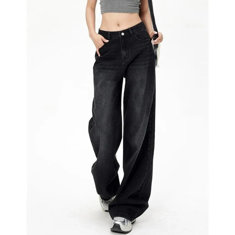 Lady Retro Black Gray High Waist Jeans Straight Leg Denim Trousers Girls Loose Fit Thin Casual Pants