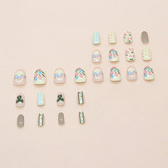 Short Round Head Fake Nails Sweet Strawberry Cherry Flower Bowknot Printed 24Pcs Press On Nails