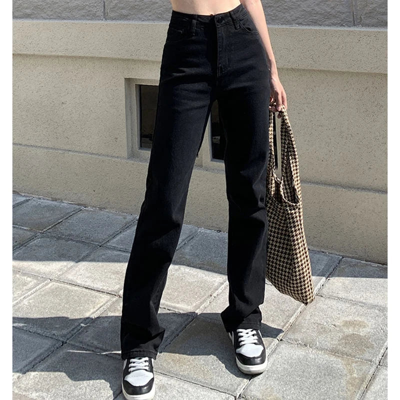 Korean High Waist Streetwear Straight Leg Jeans Girls Y2k Clothes Pants Black Baggy Harajuku Denim Trousers