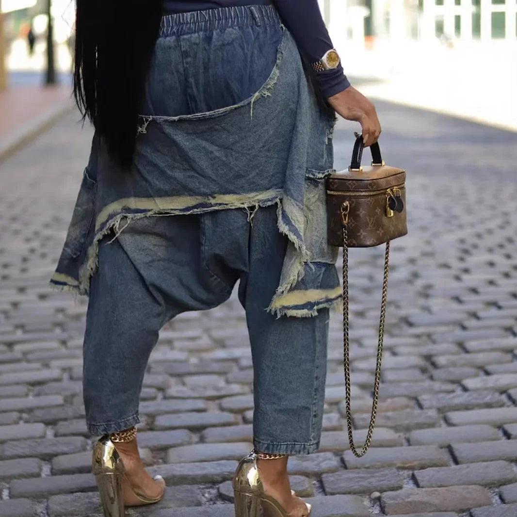 Jeans Harem Pants Hip Hop Punk Denim Pant Hole Elastic Waist Washed Distressed Pockets Streetwear Ripped Trousers