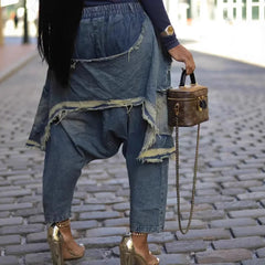 Jeans Harem Pants Hip Hop Punk Denim Pant Hole Elastic Waist Washed Distressed Pockets Streetwear Ripped Trousers
