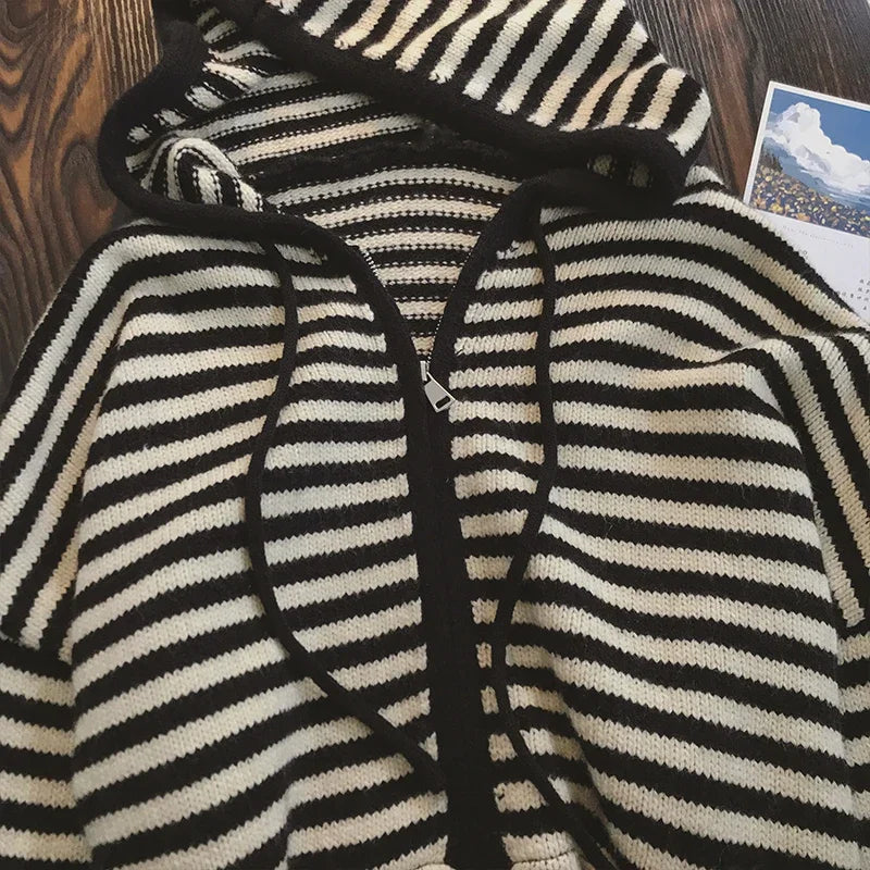 Contrast Color Stripe Hood Knit Cardigan Women