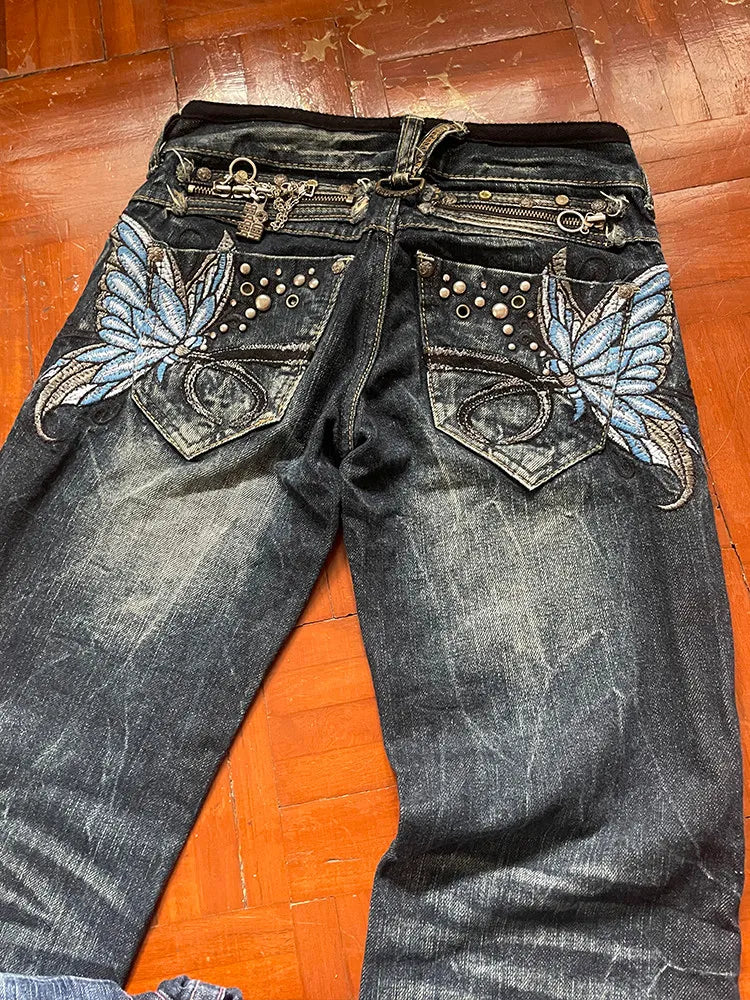 American High Street Large Size Butterfly Embroidered Jeans Y2K Millennium Harajuku Slim Flared Jeans