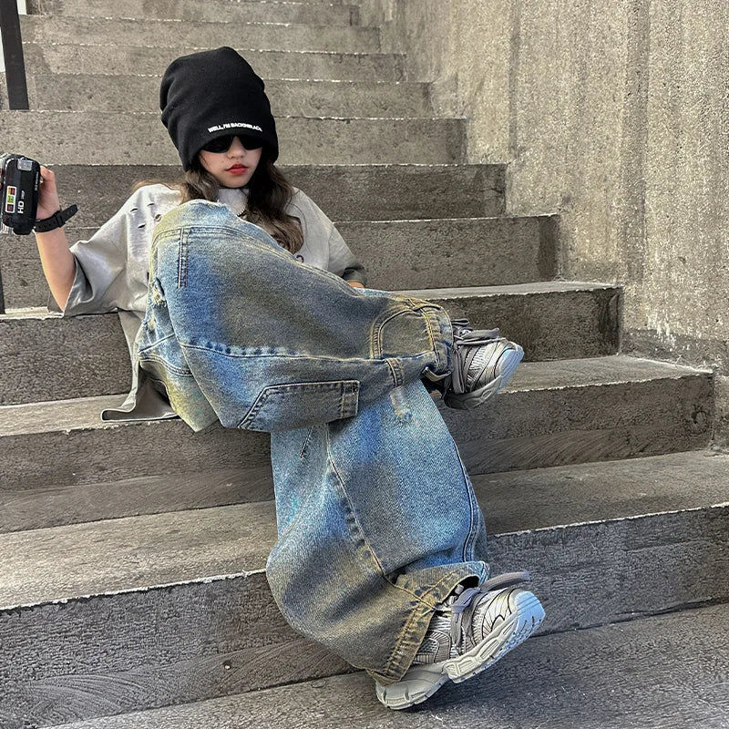 American Tween Girl High Distressed Wide Leg Banana Jeans