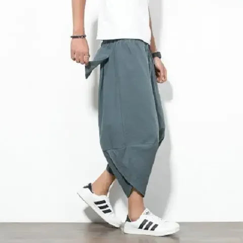 Hip Hop Style Loose Fit Low Waist Cotton Linen Special Cropped Pants Japanese Style Baggy Pants