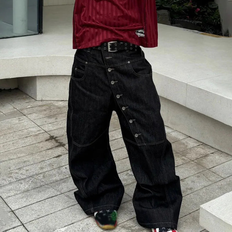 Korean High Street Buckle Curved Jeans Loose Straight Leg Pants Black Wide Leg Pants Casual Pants Hip-Hop Pants