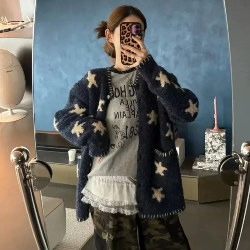 Vintage Star Knitted Cardigan Harajuku Print Sweater Outerwears Korean Long Sleeve Knitwears Ladies Casual Jumpers