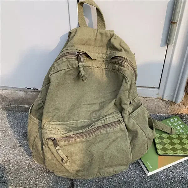 Vintage Backpack Preppy Style Cotton Unisex Softback Zipper Casual High-Capacity Bookbag Euro-America Style