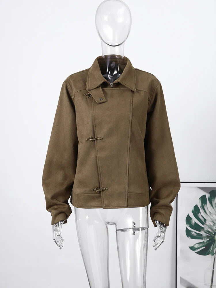 Elegant Metal Button Gender's Coat Slim Lapel Asymmetry Full Sleeves Couple Short Coat Chic Streetwear