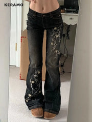Weekeep Floral Embroidery Jeans Vintage 2000s Low Rise Flared Jeans Retro y2k Baggy Denim Pants High Street Basic Trousers