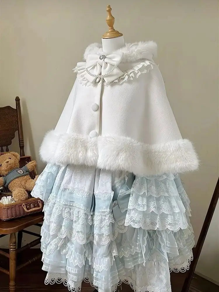 Lolita Shawl Overcoat Design Bow Hooded Patchwork Kawaii Cope Coat Warm Chic Sweet Fur Collar Coat