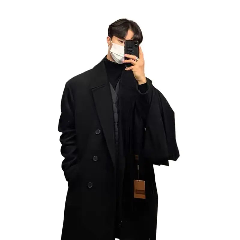 Trench Black Thick Woolen Trench Coats Korean Style Male Casual Trenchcoat Streetwear Windbreaker