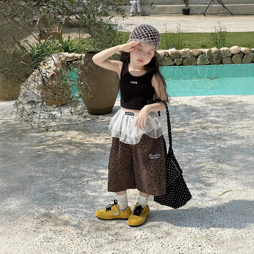 Girl Pants Childrens Clothing Korean Style Girl Baby Retro Leopard Print Wide Leg Cargo Pants Casual Daily