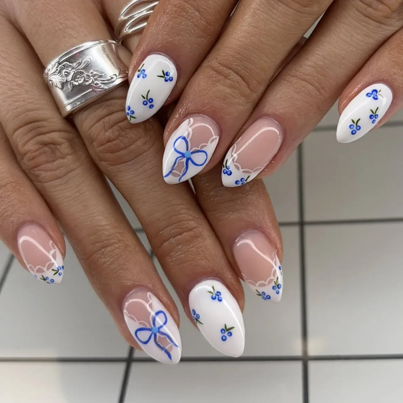 Pink Yellow Halo Dyeing Flower Water Ripple False Nails Leopard Long Pointed Fake Nails Art Press on Nails Charm Manicure