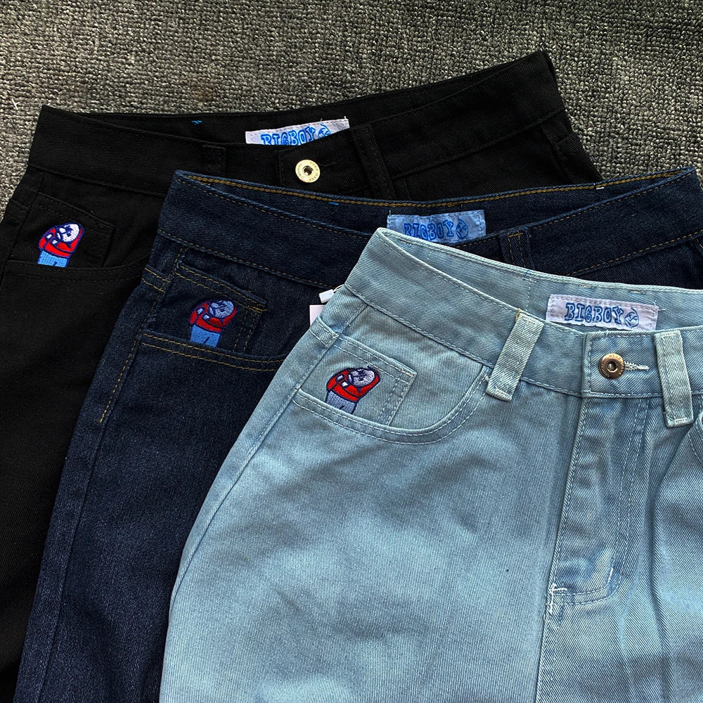 Y2K Embroidery Baggy Boy Jeans Streetwear Gothic Cartoon Blue Straight Jeans Retro Punk Rock High Waist Denim Trousers