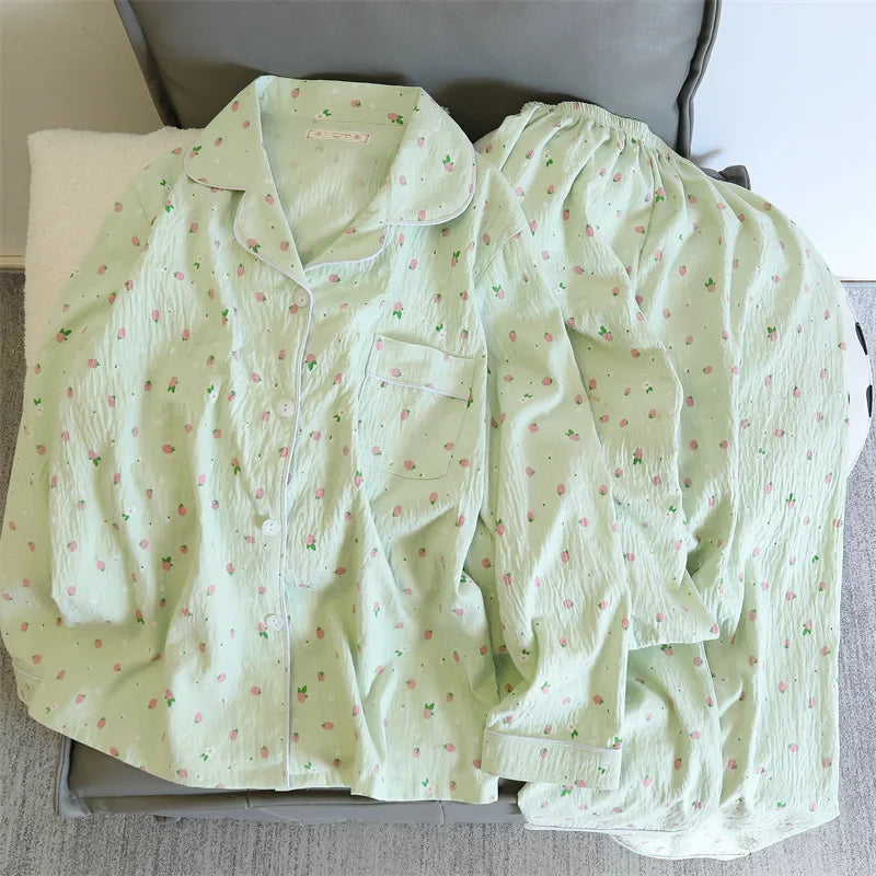 2 PCS Pajama Sleepwear Pajama Set Long Sleeved Pants Suit Peach Print Ventilate Soft Comfortable Home Leisure Home Clothes