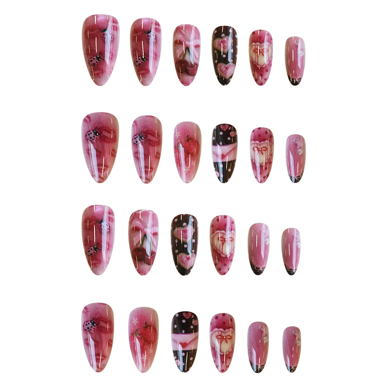 24pcs Sweet Letter Press On Nails Cute Cherry Bowknots Ladybug Strawberry Decor False Nails Blush Pink Almond Fake Nail