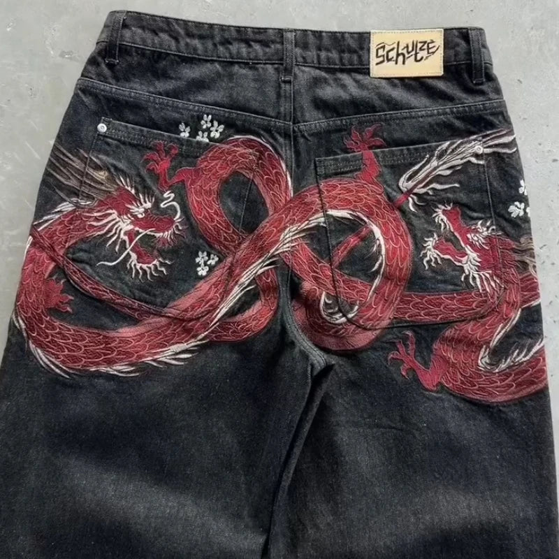 Y2K Baggy Jeans vintage Embroidered denim fabric American style jeans Gothic streetwear Hip Hop wide leg pants