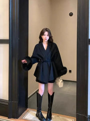 Americanable V-neck Lapel Furry Sleeves Lace-up Long-sleeved Woolen Coat Elegant Lace-up Long-sleeved Wool Coat