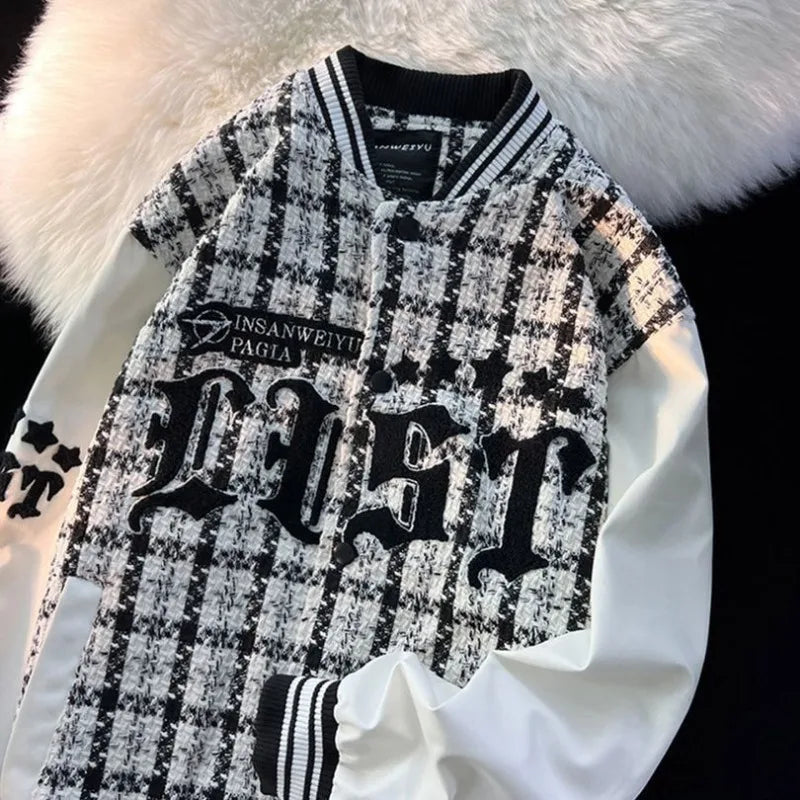 American Retro Letter Flocking Splicing Jacket Y2K High Street Hip-hop Loose Tooling Baseball Uniform Jacket