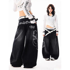 YIBASHU Vintage Embroidery Y2K Baggy Jeans High Waist 2000s Wide Leg Denim Pants American Retro Harajuku Trouser