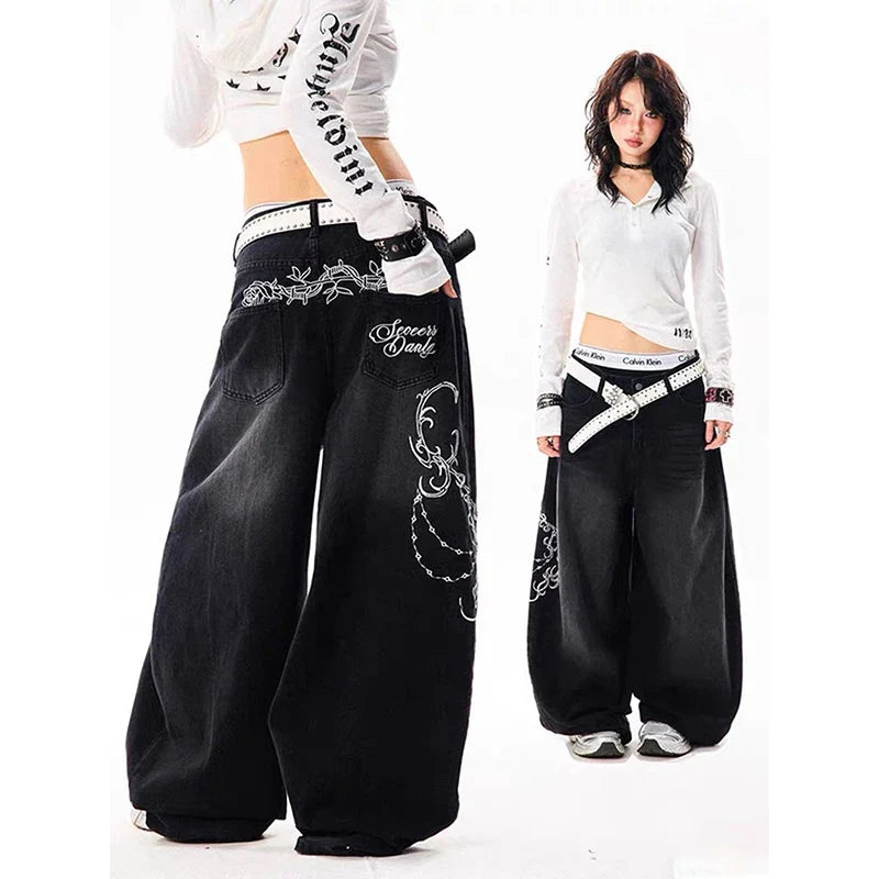 YIBASHU Vintage Embroidery Y2K Baggy Jeans High Waist 2000s Wide Leg Denim Pants American Retro Harajuku Trouser